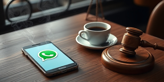 Una ilustración conceptual al estilo editorial de periódico. Se ve un teléfono inteligente sobre una mesa de café de madera, con el icono de un mensaje de WhatsApp desvaneciéndose o convirtiéndose en humo. Al lado, una taza de café humeante y un mazo de juez de madera golpeando la mesa, rompiendo la superficie. Colores sobrios, sombras marcadas, atmósfera de intriga y despacho gubernamental.