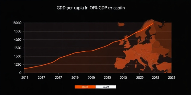 Un gráfico que muestra la evolución del PIB per cápita en España y la Unión Europea entre 2017 y 2025, con una tendencia a la baja en España y al alza en la UE