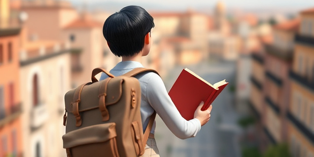 Una imagen de una persona con una mochila y un libro, con un fondo de una ciudad española, simbolizando la búsqueda de educación y oportunidades.