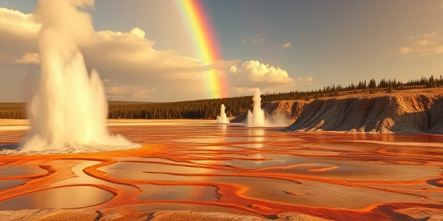 Paisaje surrealista de Yellowstone con géiseres humeantes y cielos color arcoíris. Estilo pictórico impresionista, colores vibrantes y texturas fluidas. Sin figuras humanas.