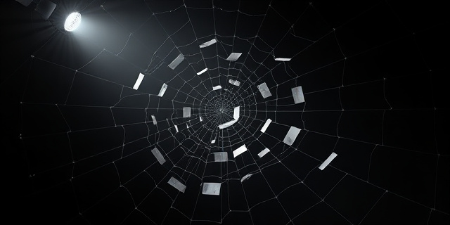 Una representación abstracta de una tela de araña intrincada hecha de documentos y cables, con un foco de luz brillante que intenta disolverla. Tonos oscuros y contrastados, estilo neo-noir.