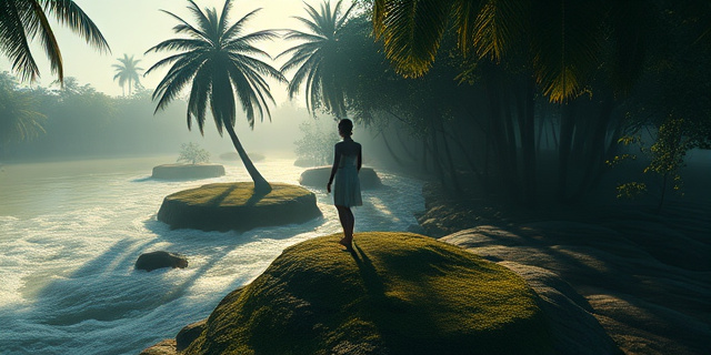 Un paisaje surrealista donde una figura femenina delgada camina entre árboles tropicales, con un río turbulento que serpentea y sombras que se estiran, evocando misterio y desaparición.