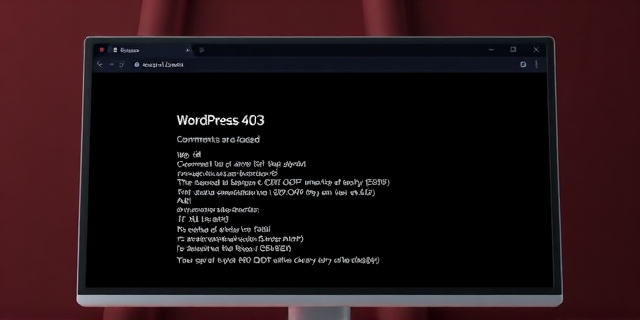 Una pantalla de ordenador con un error de WordPress 403 en la pantalla, con un fondo negro y un mensaje rojo que dice "WordPress > Error" y "Comments are closed." La pantalla muestra una estructura XML sin estilo, con etiquetas de error y un código de cierre "wp_die". La imagen transmite la sensación de un sitio web bloqueado, sin acceso y sin respuesta.