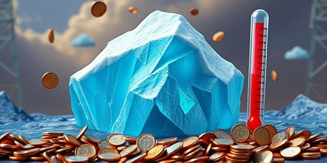 Una ilustración conceptual y satírica de un recibo de electricidad gigante que se transforma en un iceberg, hundiéndose en un mar de monedas, con un termómetro al lado que marca una temperatura extrema, estilo editorial de revista económica, colores contrastados frío y calor.