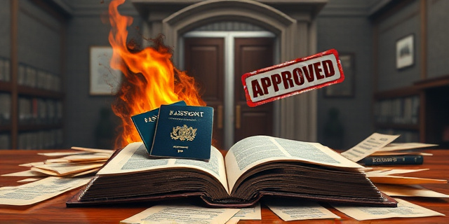 Una ilustración conceptual y satírica. Un libro antiguo de registros eclesiásticos quemado y chamuscado, del cual emergen pasaportes modernos y brillantes. Al fondo, una oficina gubernamental con una puerta abierta de par en par y un sello de 