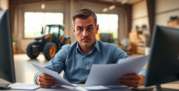 Imagen de un hombre sentado en una oficina con documentos y un ordenador, con una expresión de sospecha en su rostro. Al fondo, un vehículo de empresa y un tractor en un garaje o almacén.