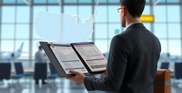 Una imagen de un funcionario de inmigración en un aeropuerto con una carpeta llena de documentos de visado y un mapa de Estados Unidos al fondo