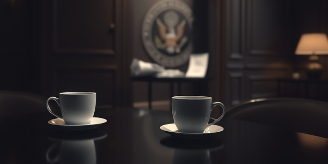 Una mesa de café vacía en un hotel oscuro y elegante, con dos tazas de café a medio consumir. Unos papeles arrugados y un sello de gobierno borroso en el fondo. Iluminación dramática, estilo claroscuro, con sombras alargadas. Ambiente de conspiración y secreto.