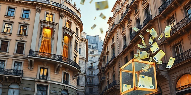 Una ilustración conceptual y satírica de dos edificios elegantes de arquitectura madrileña clásica, uno al lado del otro. De las ventanas de un edificio salen hilos de marionetas dorados, y del otro edificio sale una lluvia de billetes de euro que caen dentro de bolsas de golf y cajas de vasos. Estilo editorial de revista, colores sobrios con contrastes brillantes, atmósfera de misterio y corrupción urbana.