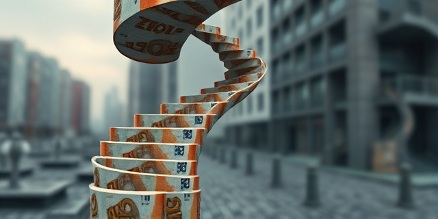 Una escalera caracol que nunca llega a ninguna parte, construida con billetes de euro arrugados. Fondo difuminado que sugiere un paisaje urbano desolado. Estilo pictórico realista, con tonos grises y ocres dominantes. La iluminación es tenue, casi sombría.
