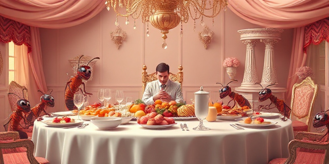 Una composición surrealista con colores pastel que represente una mesa de banquete desbordante de comida, pero con una figura solitaria y pensativa sentada a ella, rodeada de hormigas antropomórficas con expresiones burlonas. El ambiente debe ser onírico y ligeramente melancólico.