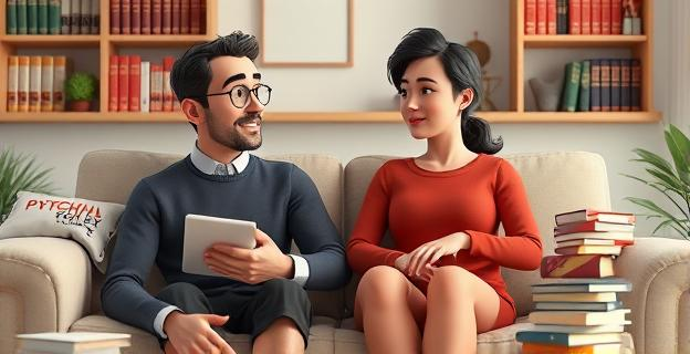 Imagen de una pareja en un sofá, con expresiones de reflexión y diálogo, rodeados de libros de psicología y terapia de pareja.