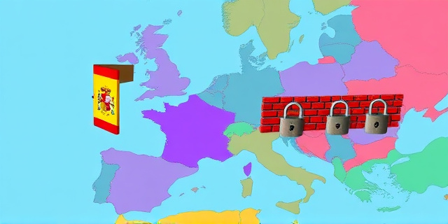 Una ilustración satírica de estilo editorial. Un mapa de Europa donde España es representada como una puerta entreabierta con una alfombra de bienvenida, mientras que los países vecinos (Italia, Francia, Alemania) están construyendo muros de ladrillos rojos y poniendo candados gigantescos en sus fronteras. Colores vibrantes, estilo de caricatura política de periódico, fondo minimalista.
