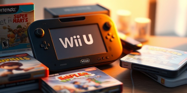 Un bodegón digital que evoque el coleccionismo retro. Una consola Nintendo Wii U ligeramente polvorienta, rodeada de juegos en sus cajas originales. La iluminación debe ser cálida y nostálgica, con un enfoque en las texturas y detalles de los objetos. El estilo artístico debe ser realista pero con un toque de fantasía, como si los juegos estuvieran emitiendo un brillo sutil. Fondo difuminado con colores pastel.