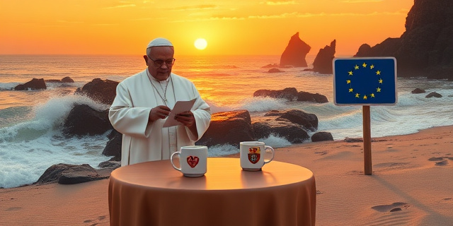 
  Una imagen surrealista que combine:
  - Un escenario costero canario al atardecer (olas, rocas volcánicas, cielo anaranjado).
  - Al fondo, una figura estilizada del Papa León XIV (sin rostro reconocible) con una capa blanca, pero en lugar de bendecir, está tachando con un rotulador rojo un discurso político que le tienden Sánchez (con traje) y un funcionario de la UE (con gafas de sol).
  - En primer plano, una mesa con dos tazas de café: una con el logo de la UE y otra con el escudo de España, pero la del Gobierno tiene un sello de 