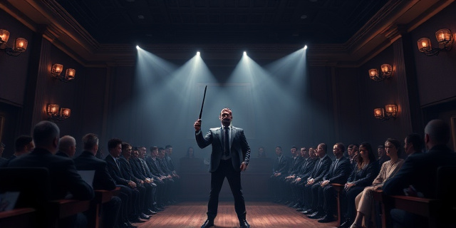 Una sala de juzgado con luz tenue, una figura masculina en el centro sosteniendo una batuta, rodeada de personas con vestimenta formal. La atmósfera es tensa y el ambiente parece un escenario de drama.