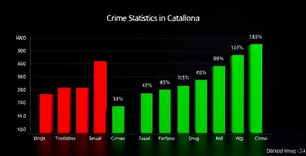 Una imagen que muestra un gráfico con estadísticas de delitos en Cataluña, con un fondo oscuro y barras rojas que representan el aumento de los delitos sexuales y el tráfico de drogas, mientras que otras barras verdes indican la disminución de otros tipos de delitos.