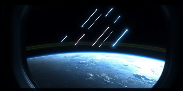 Una ilustración conceptual y cinematográfica desde la perspectiva de una ventana de estación espacial. Se ve la curvatura de la Tierra iluminada débilmente por debajo, mientras múltiples trazos de luz blanca y azul brillante (meteoritos) atraviesan la atmósfera superior como agujas de luz. Estilo hiperrealista, contraste profundo entre el negro del espacio y el brillo atmosférico.