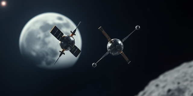 Una representación artística y conceptual de dos pequeñas sondas espaciales metálicas orbitando la Luna en una danza geométrica compleja. El fondo es el vacío profundo del espacio con la Tierra visible a lo lejos. Estilo cinematográfico, iluminación dramática que resalte las texturas del metal y la superficie lunar, sin texto ni rostros humanos.