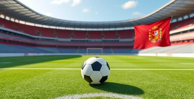 Imagen de un campo de fútbol con la bandera de España y Marruecos en el fondo, con un balón en primer plano y un estadio vacío.