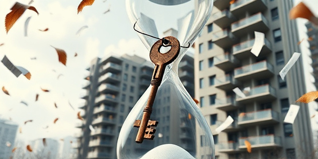 Una ilustración conceptual y satírica. Un edificio de apartamentos moderno donde las llaves son gigantescas y están oxidadas, flotando sobre un reloj de arena que se mueve extremadamente lento. Alrededor, contratos de alquiler volando como hojas secas en un viento fuerte. Estilo editorial de revista económica, colores contrastados, atmósfera de caos burocrático.