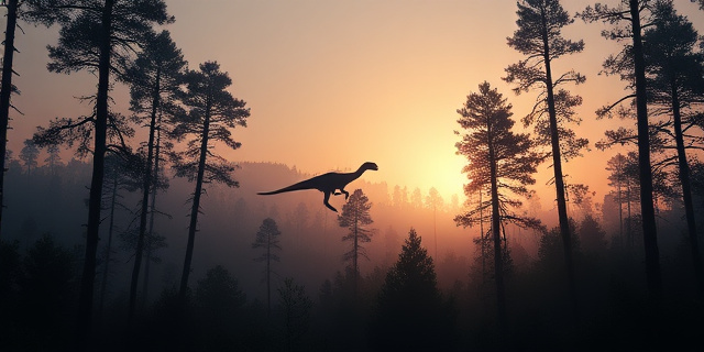 Ilustración digital de un paisaje prehistórico crepuscular con una silueta oscura de un dinosaurio planeando entre árboles altos y brumosos. El estilo artístico debe ser similar a una pintura al óleo impresionista, con énfasis en la luz y la sombra. Colores: tonos de verde oscuro, marrón y púrpura. Texturas: pinceladas gruesas y expresivas.
