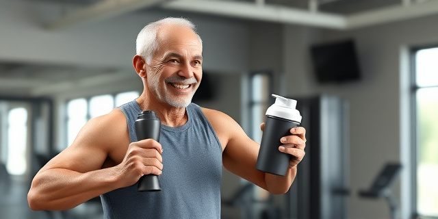 Un hombre mayor haciendo ejercicio en un gimnasio, con una batidora de proteínas en la mano y una sonrisa en el rostro