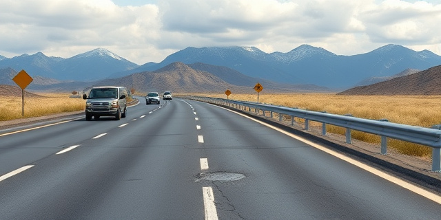 Una autovía con baches y vehículos circulando por el carril izquierdo, con un fondo de montañas y un cielo nublado
