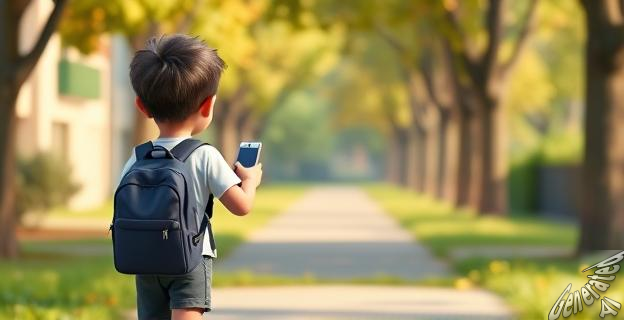 Un niño de 10 años caminando solo al colegio con una mochila y un teléfono móvil