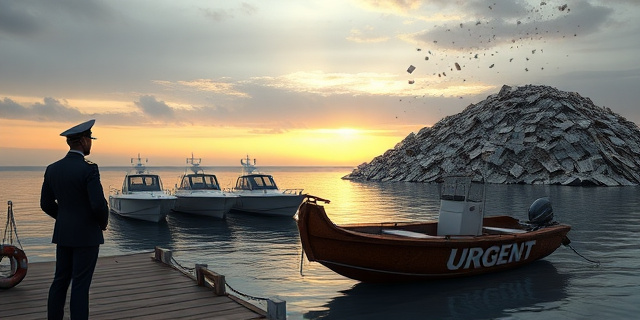 
  Una escena surrealista en un puerto al atardecer: cuatro lanchas semirrígidas nuevas, impecables y brillantes, flotando solitarias en un muelle vacío mientras en la orilla, una montaña de papeles oficiales (BOE, contratos, sellos) se derrumba lentamente como un castillo de naipes. Al fondo, dos siluetas de militares con uniforme impecable observan el horizonte con expression de aburrimiento, mientras en el agua, una lancha antigua y oxidada —con parches de cinta americana— intenta (sin éxito) rescatar un salvavidas que dice 