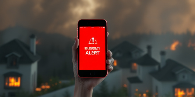 Una ilustración conceptual de estilo periodístico moderno. En primer plano, un teléfono inteligente mostrando una alerta de emergencia roja brillante. Al fondo, la silueta de una casa de campo tradicional catalana rodeada por una atmósfera densa de humo gris y destellos naranjas de fuego en un bosque, creando un contraste dramático entre la tecnología de alerta y la fuerza bruta de la naturaleza. Sin personas reconocibles.