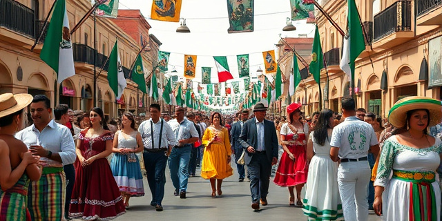 Un desfile callejero en Puebla con gente vestida de manera tradicional, pero con un toque moderno, rodeada de banderas mexicanas y carteles que recuerdan la Batalla de Puebla; sin rostros identificables, solo se ve la esencia cultural y la energía festiva.