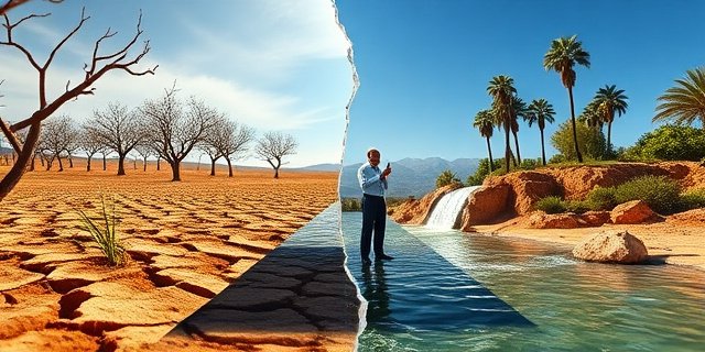 
  Una imagen surrealista que contraste dos escenas: a la izquierda, un campo de tomates y cítricos en la Vega Baja alicantina con regantes desesperados mirando al cielo mientras un grifo gotea lentamente. A la derecha, un ministro firmando un cheque gigante frente a un oasis exuberante en Marruecos, con palmeras y agua fluyendo abundantemente. En el centro, un espejo roto que refleje ambos escenarios, simbolizando la doble moral. Estilo: hiperrealista con toques de crítica social, colores terrosos y azules intensos, sin rostros reconocibles. Composición: perspectiva baja, como si el espectador fuera un agricultor mirando hacia arriba, impotente. Texturas: tierra agrietada vs. vegetación exuberante. Iluminación dramática, con sombras alargadas que dividan la imagen en dos mitades opuestas. Sin texto, solo símbolos: un grifo seco en un lado y una presa llena en el otro.