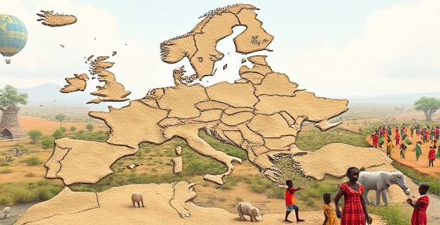 Una imagen que represente un continente europeo vacío y envejecido, contrastando con una vibrante escena africana llena de niños y vida