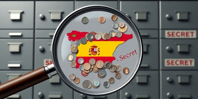Una ilustración conceptual y satírica que muestre una lupa gigante enfocando un mapa de España hecho de monedas y billetes. De la lupa emergen banderas internacionales, destacando la de Marruecos, mientras que el fondo es un archivo burocrático gris con carpetas cerradas y sellos de 