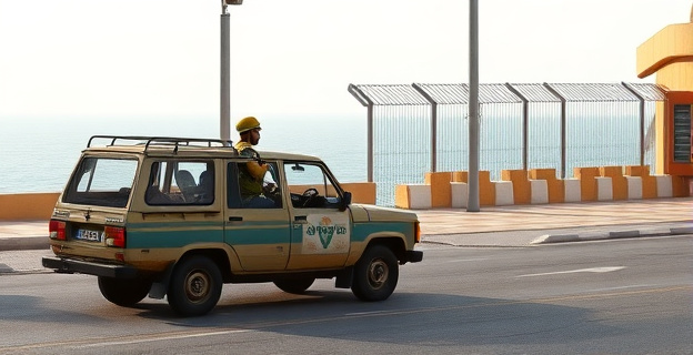 Una patrulla de la Guardia Civil con un vehículo destartalado en una calle de Ceuta, con el mar de fondo y una valla fronteriza