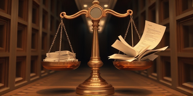 Una balanza de la justicia en tonos sepia, con una mano llenando un platillo con fajos de billetes y la otra intentando equilibrarla con documentos oficiales arrugados. El fondo, un laberinto de pasillos oscuros.