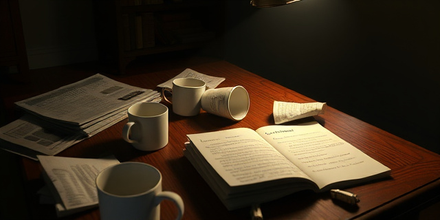 Una mesa de café desordenada con tazas vacías y periódicos arrugados, con sombras largas y dramáticas que sugieren un ambiente de conspiración. Un foco de luz ilumina un documento con una letra ilegible.