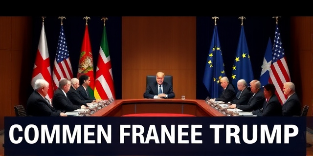 Una imagen de una cumbre política con líderes mundiales reunidos en una mesa, con una bandera de la Unión Europea y una bandera de Estados Unidos en el fondo, y un gran titular que dice 