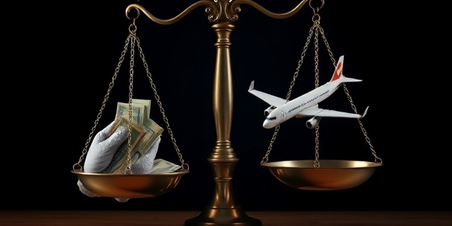 Una balanza de la justicia con una mano llena de billetes y la otra, inclinada, con una pequeña aerolínea de juguete a punto de caer. Fondo oscuro y dramático, con luces que resaltan la corrupción y el conflicto de intereses. Estilo pictórico, hiperrealista, con colores contrastantes.