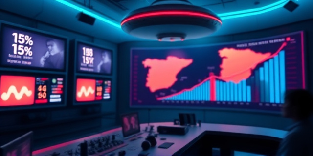 
  Una sala de control de televisión futurista pero con estética de los 80: pantallas analógicas parpadeando entre porcentajes de audiencia (14%, 15,7%), cortinillas corporativas de TVE en bucle, y un audímetro gigante flotando como un ovni sobre un mapa de España dividido en colores políticos. Al fondo, una figura borrosa (silueta de presentador) con un micrófono, mientras un gráfico de Kantar se desvanece en un humo de tinta. Iluminación fría, tonos azules y rojos neón, como si fuera un thriller de espionaje sobre las audiencias. Sin rostros, solo símbolos: un logo de TVE pixelado, un gráfico de barras que sube solo y un silencio incómodo representando el mutis de Kantar.