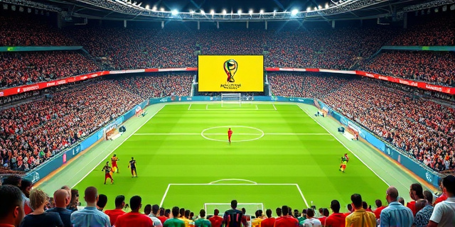 Un estadio de fútbol lleno de gente, con jugadores de Marruecos y Senegal en el campo, y un árbitro en el centro, con una gran pantalla de televisión en el fondo mostrando el logo de la Copa África