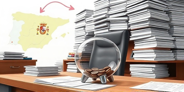 Una ilustración conceptual y satírica. Un escritorio gubernamental masivo lleno de montañas de papeles y formularios oficiales que se desbordan. Sobre la mesa, una hucha de cerdito transparente que está casi vacía, con solo unas pocas monedas en el fondo. Al fondo, un mapa esquemático de España con flechas de colores. Estilo editorial de revista, colores contrastados, atmósfera de burocracia absurda.