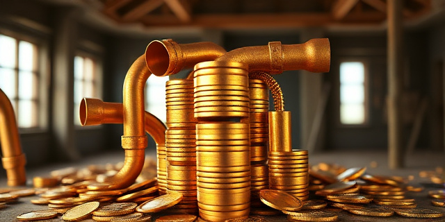 Una imagen abstracta que represente tuberías de cobre desmanteladas formando una pila de monedas de oro. El fondo debe ser el interior de una casa en construcción con luces tenues y un ambiente de descubrimiento. Estilo pictórico, colores cálidos y texturas metálicas.