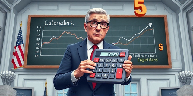 Una ilustración satírica de estilo editorial. Un político con traje elegante sostiene una calculadora gigante que muestra un error matemático, mientras que detrás de él hay una pizarra con gráficos de flechas contradictorias. El entorno es una oficina gubernamental fría y gris, contrastando con el color brillante de los números que flotan en el aire.