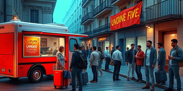 
  Una imagen surrealista que combine dos escenas:
  1) Un sindicato representado como un food truck de lujo en una calle céntrica de Madrid, con un cartel que dice 