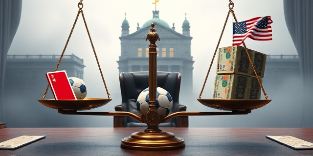Una ilustración satírica de estilo editorial. Un escritorio de oficina lujoso donde una balanza de justicia está totalmente inclinada. En un plato hay una pequeña tarjeta roja de fútbol y en el otro un fajo gigante de billetes de euros y una bandera de Estados Unidos. Al fondo, la silueta de un edificio gubernamental europeo envuelto en niebla, con un balón de fútbol encadenado a un archivador oxidado.
