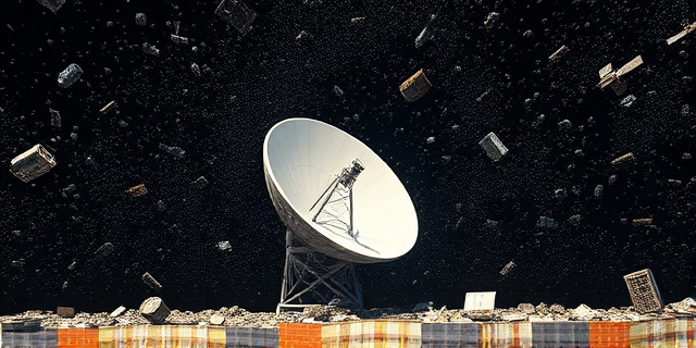 Una ilustración conceptual y satírica que muestra la Tierra rodeada por una densa nube de chatarra metálica y satélites rotos, similar a un cinturón de escombros. Desde el suelo, un enorme plato de telescopio radio blanco apunta al cielo, emitiendo ondas visuales que rebotan en los fragmentos metálicos. Estilo artístico digital, limpio, con contrastes entre el negro del espacio y el brillo del metal oxidado.