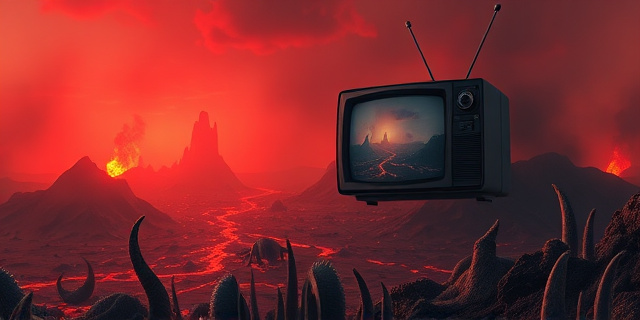 Una ilustración cinematográfica y surrealista de un paisaje prehistórico en colapso. Un cielo rojo oscuro cargado de cenizas volcánicas, ríos de lava fluyendo entre extrañas criaturas marinas y terrestres extintas. Al fondo, un televisor antiguo de tubo flotando en el aire que muestra la misma escena en alta definición, simbolizando la observación moderna de un desastre antiguo.