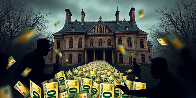 Ilustración digital que representa una antigua casona señorial (el Ateneo) siendo regada por un chorro de billetes de euro. La casona está rodeada de figuras sombrías que se apresuran a recoger el dinero. El estilo debe ser expresionista y con una paleta de colores oscuros y contrastantes. Se sugiere una iluminación dramática que enfatice la sensación de corrupción.